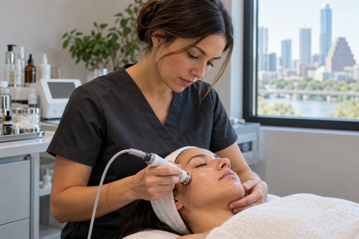 Dermal specialist measuring skin moisture and barrier health during consultation
