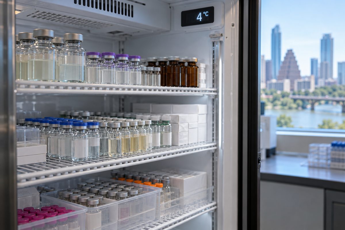 Temperature-monitored medical storage for biological serums and injectables